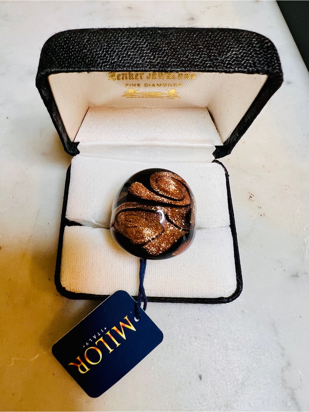 Milor Murano Glass Ring Size 9  Italy NWT Brown Gold Black